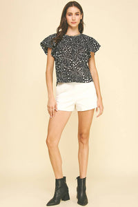 NEESA- FLORAL RUFFLED BLOUSE TOP WITH SEASHELL DETAIL