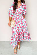 Hailey - Red Floral Puff Sleeve Midi Dress