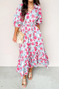 Hailey - Red Floral Puff Sleeve Midi Dress