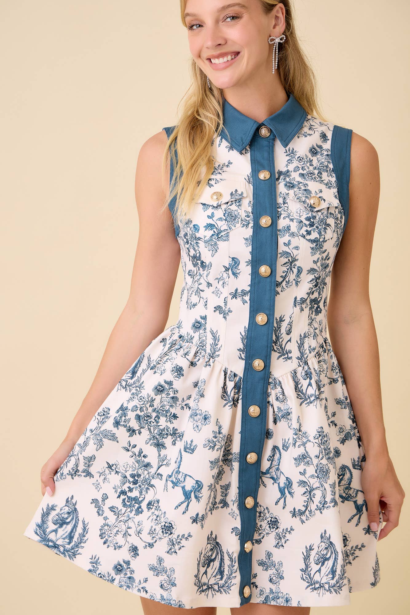 Teagan - Horse & Floral Print Button-Front Mini Dress