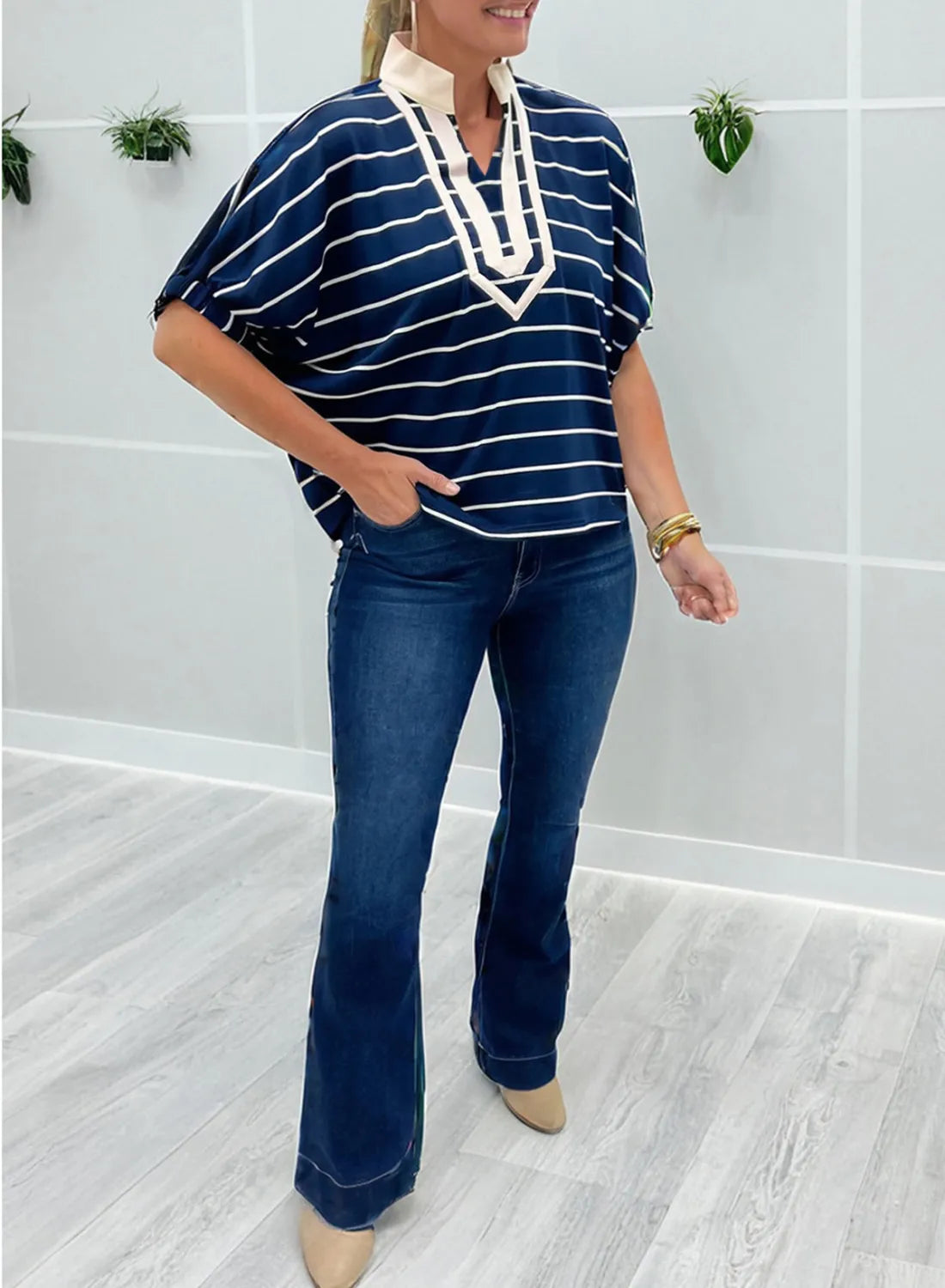 Melissa -Blue Stripe Stand Collar V Neck Cuffs Half Sleeve Dolman Top
