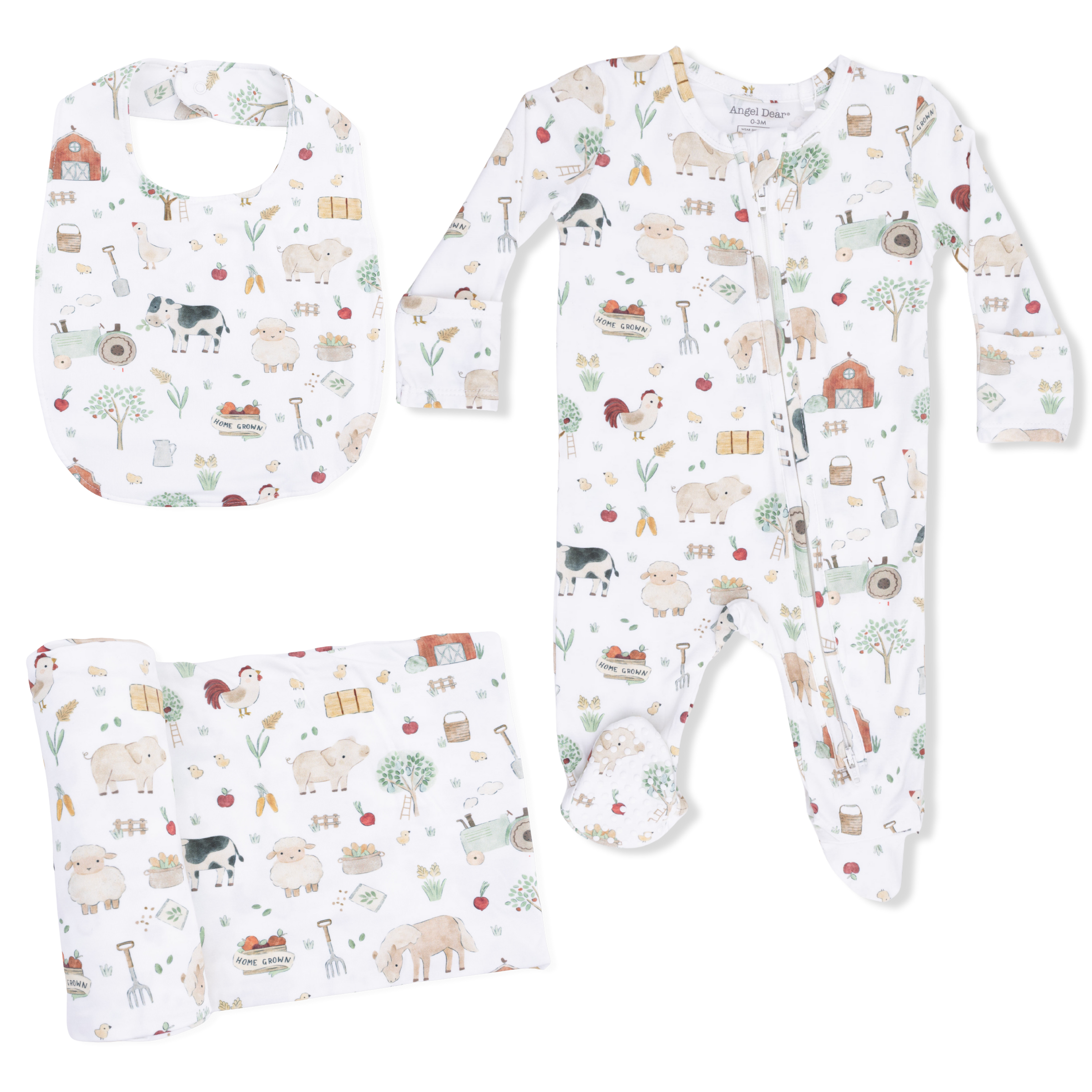 Cute Farm Animals Uni - 2 Way Zipper Footie, Swaddle  & Bandana Bib Set