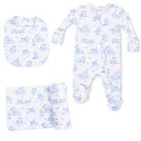 Puppy Toile Blue -  2 Way Zipper Footie, Swaddle  & Bandana Bib Set
