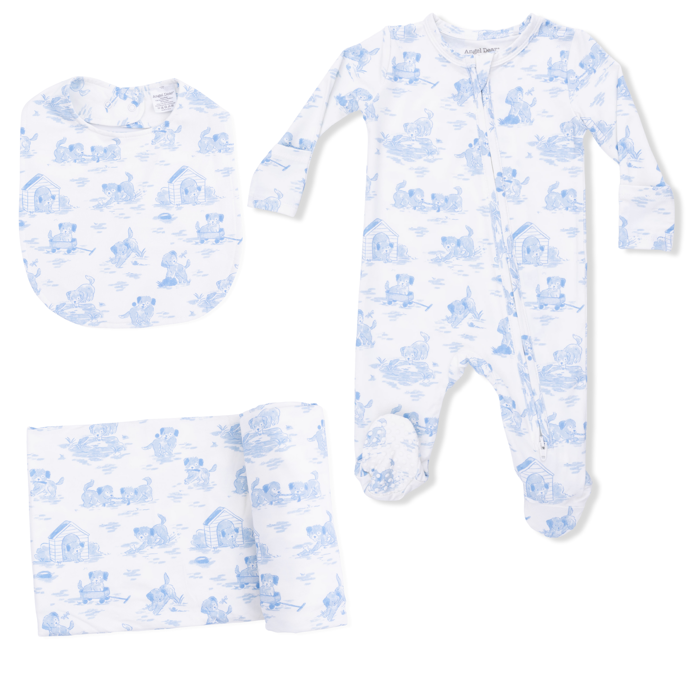 Puppy Toile Blue -  2 Way Zipper Footie, Swaddle  & Bandana Bib Set