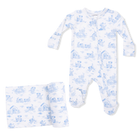 Puppy Toile Blue - 2 Way Zipper Footie & Swaddle Blanket Set