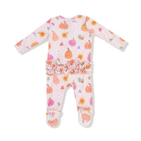 Autumn Pumpkins - Pink - 2 Way Zipper Ruffle Back Footie