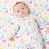 Balloon Animals - Pink - 2 Way Zipper Ruffle Back Footie