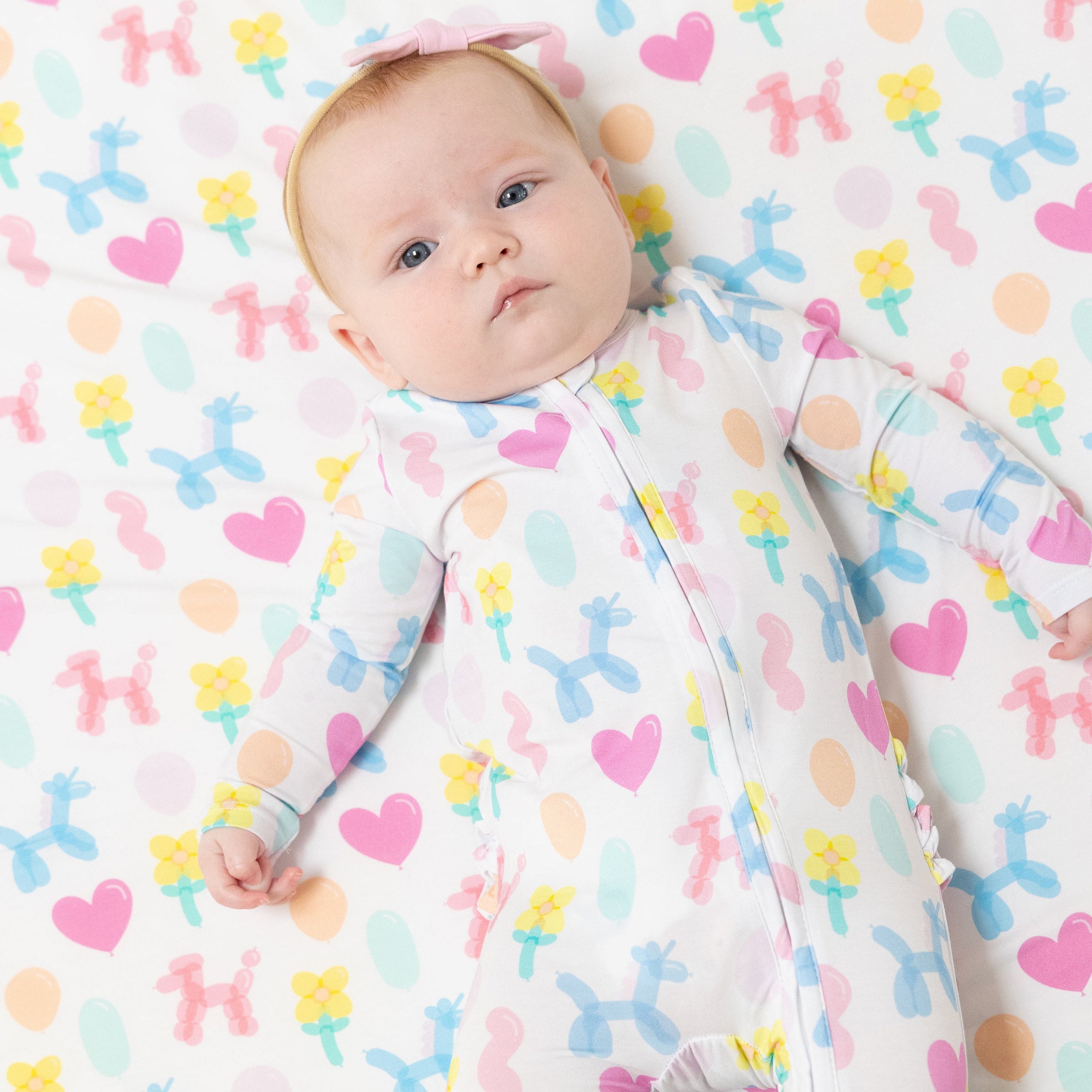 Balloon Animals - Pink - 2 Way Zipper Ruffle Back Footie