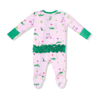 Dog Gone Golf - Pink - 2 Way Zipper Ruffle Back Footie