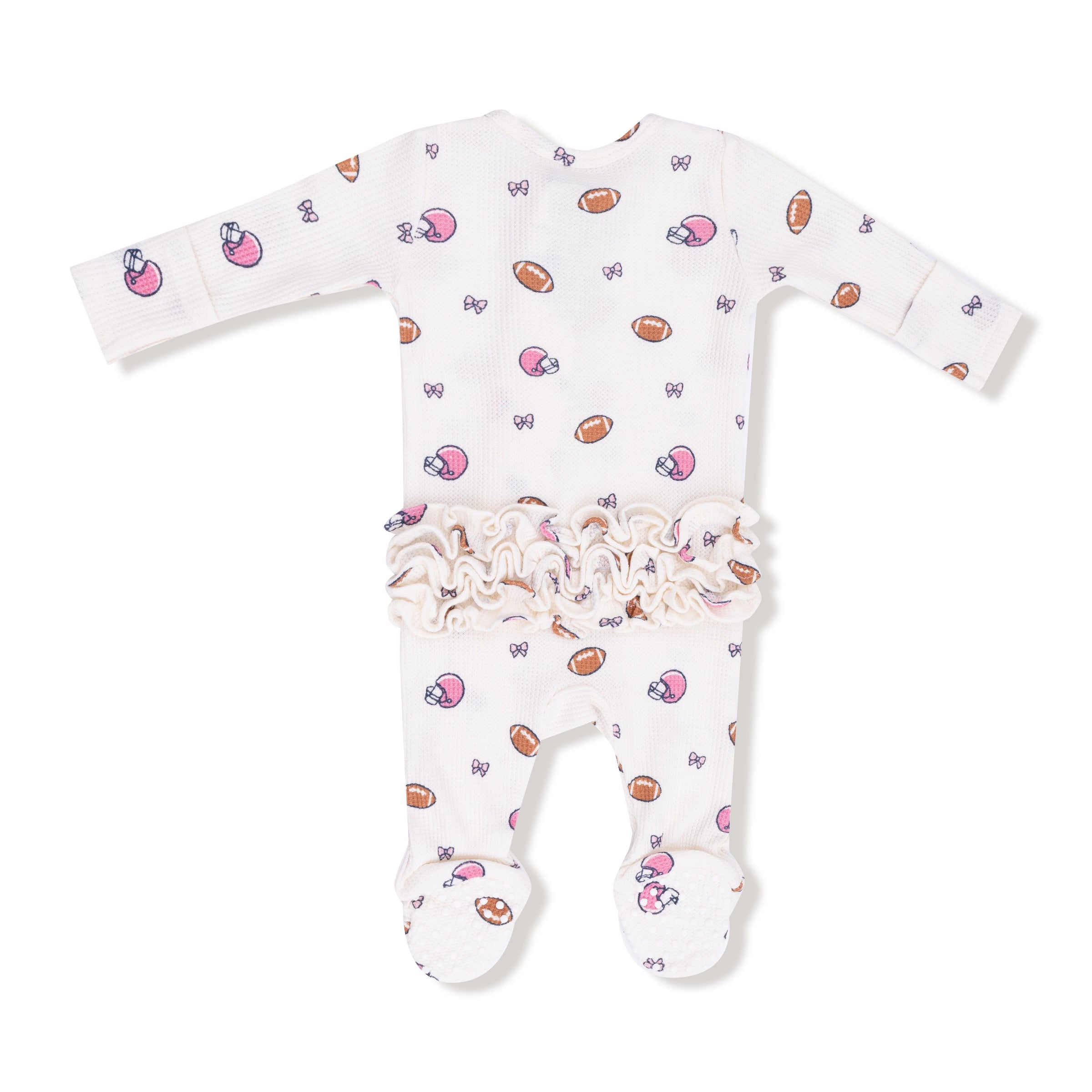 Footballs and Bows - 2 Way Zipper Ruffle Back Footie