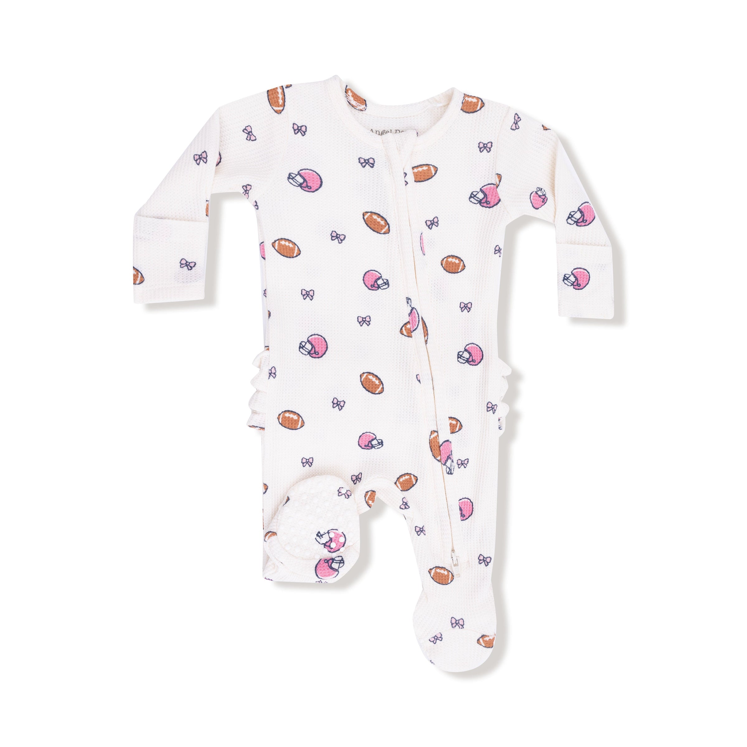 Footballs and Bows - 2 Way Zipper Ruffle Back Footie