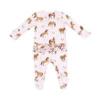 Horses - Pink - 2 Way Zipper Ruffle Back Footie