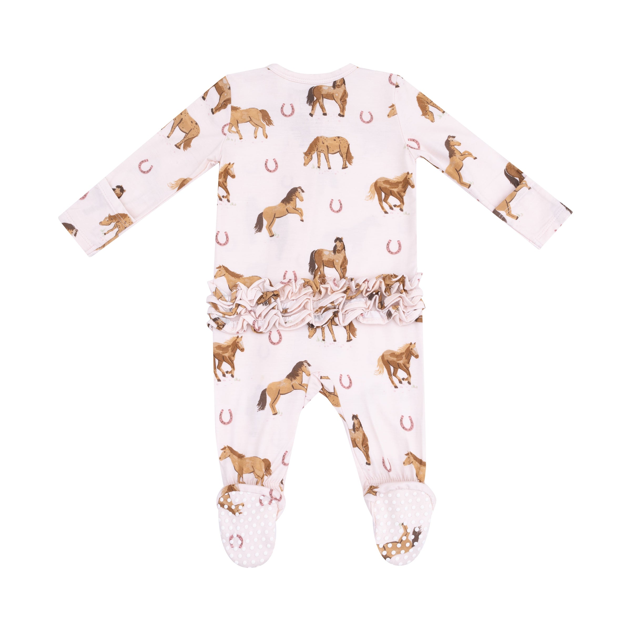 Horses - Pink - 2 Way Zipper Ruffle Back Footie