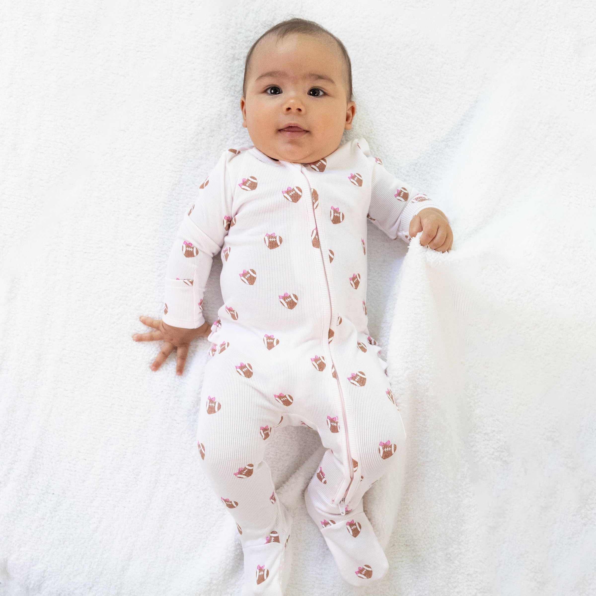 Mini Football Hearts - 2 Way Ruffle Back Zipper Footie