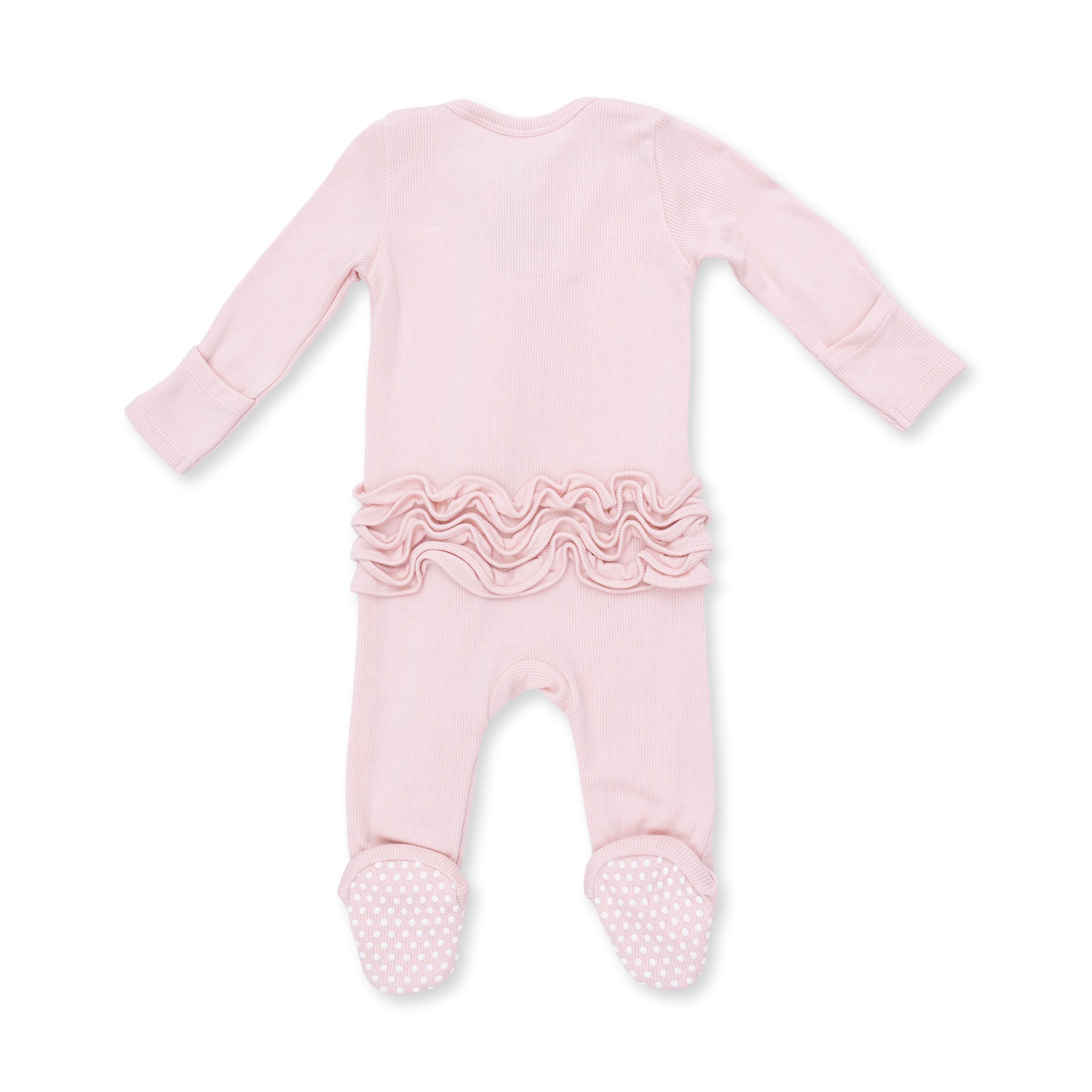 Solid Veiled Pink Rib - 2 Way Ruffle Back Zipper Footie