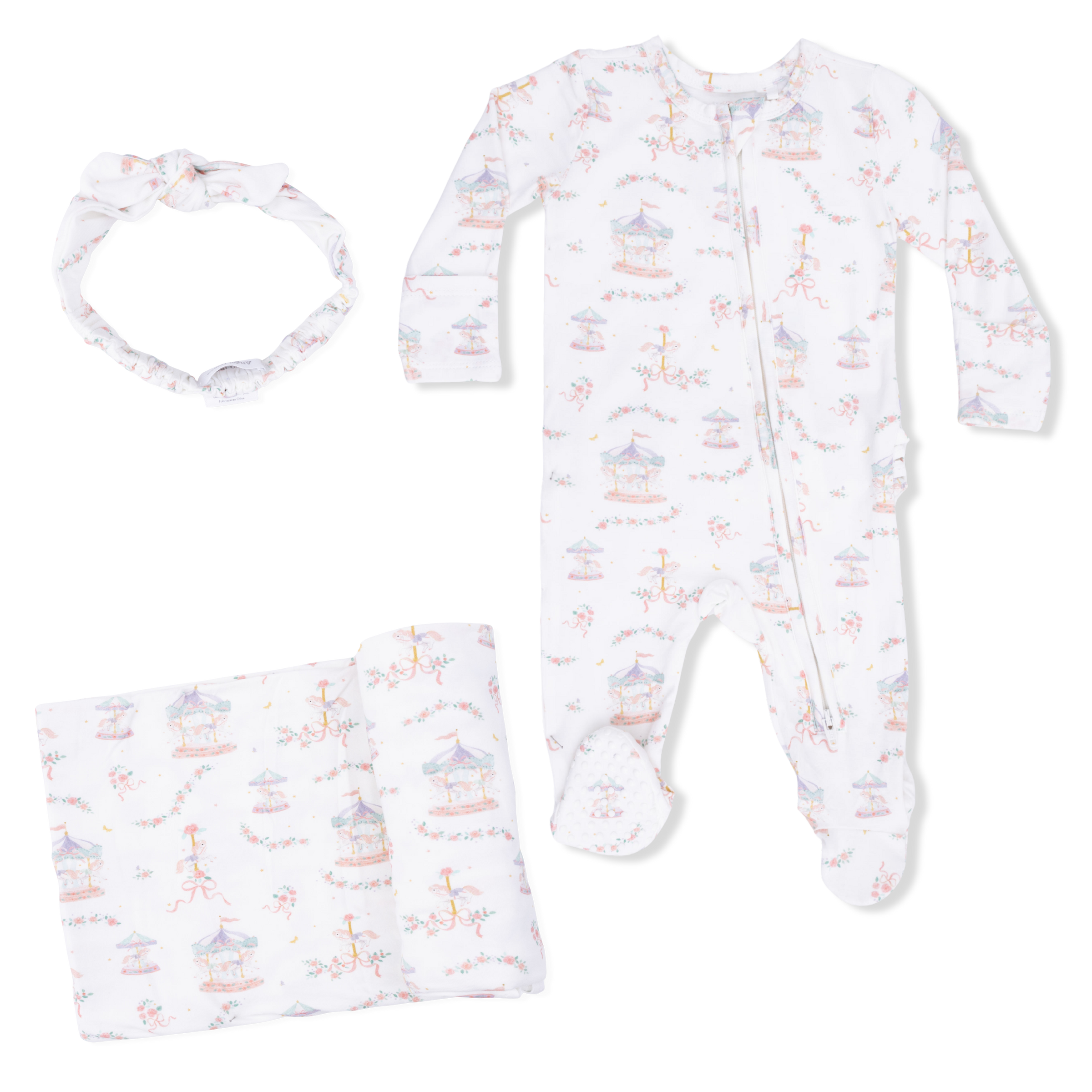 Carousel with Bows - 2 Way Ruffle Back Zipper Footie, Headband, & Swaddle Blanket Set