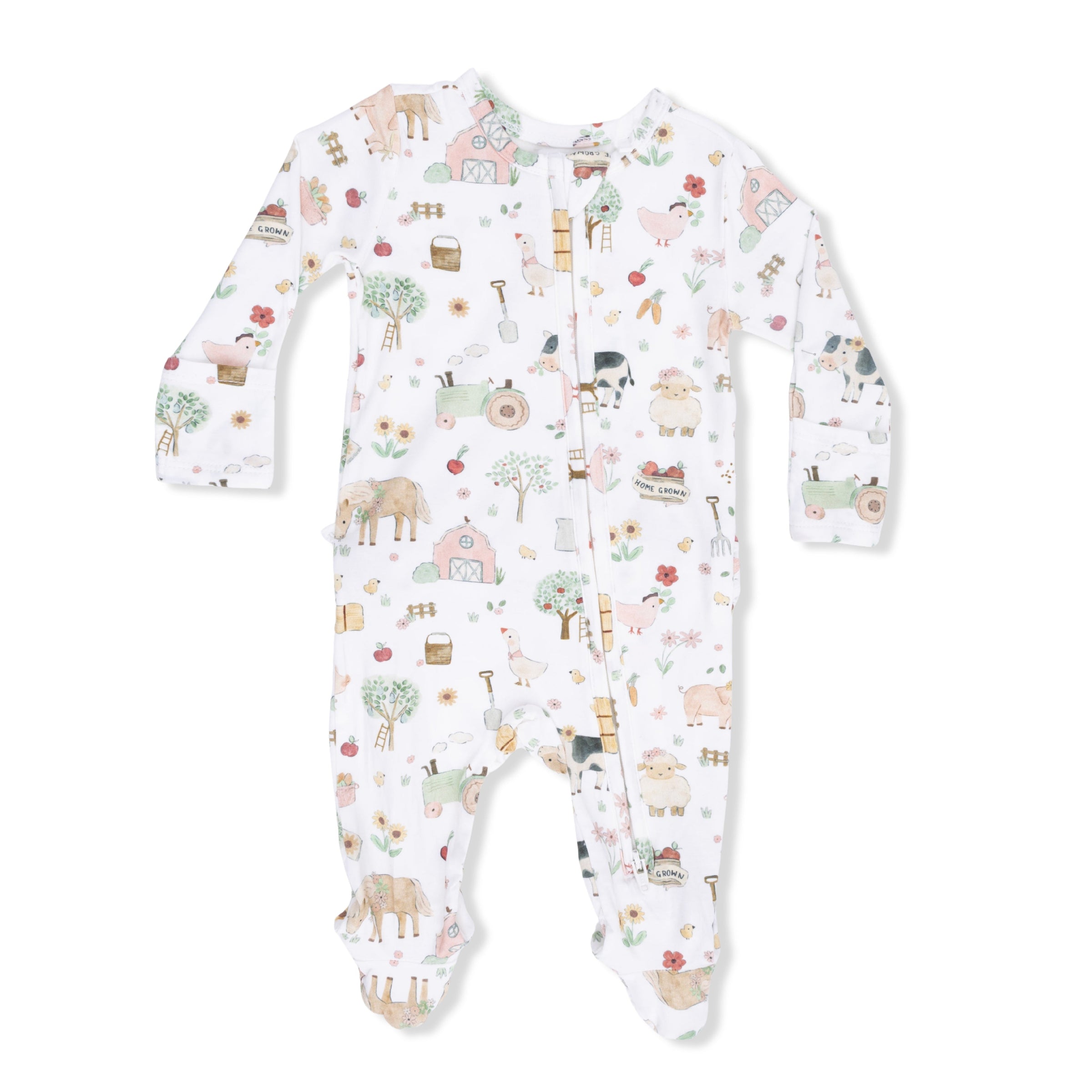 Cute Farm Animals Pink - 2 Way Ruffle Back Zipper Footie