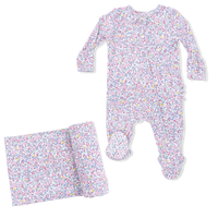 Elizabeth's Garden - 2 Way Ruffle Back Zipper Footie & Swaddle Blanket Set
