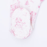 Puppy Toile Pink - 2 Way Ruffle Back Zipper Footie with Bandana Bib, and Swaddle Blanket Set