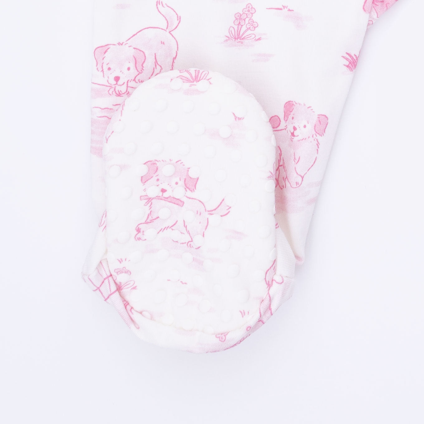 Puppy Toile Pink - 2 Way Ruffle Back Zipper Footie with Bandana Bib, and Swaddle Blanket Set