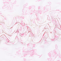 Puppy Toile Pink - 2 Way Ruffle Back Zipper Footie with Bandana Bib, and Swaddle Blanket Set