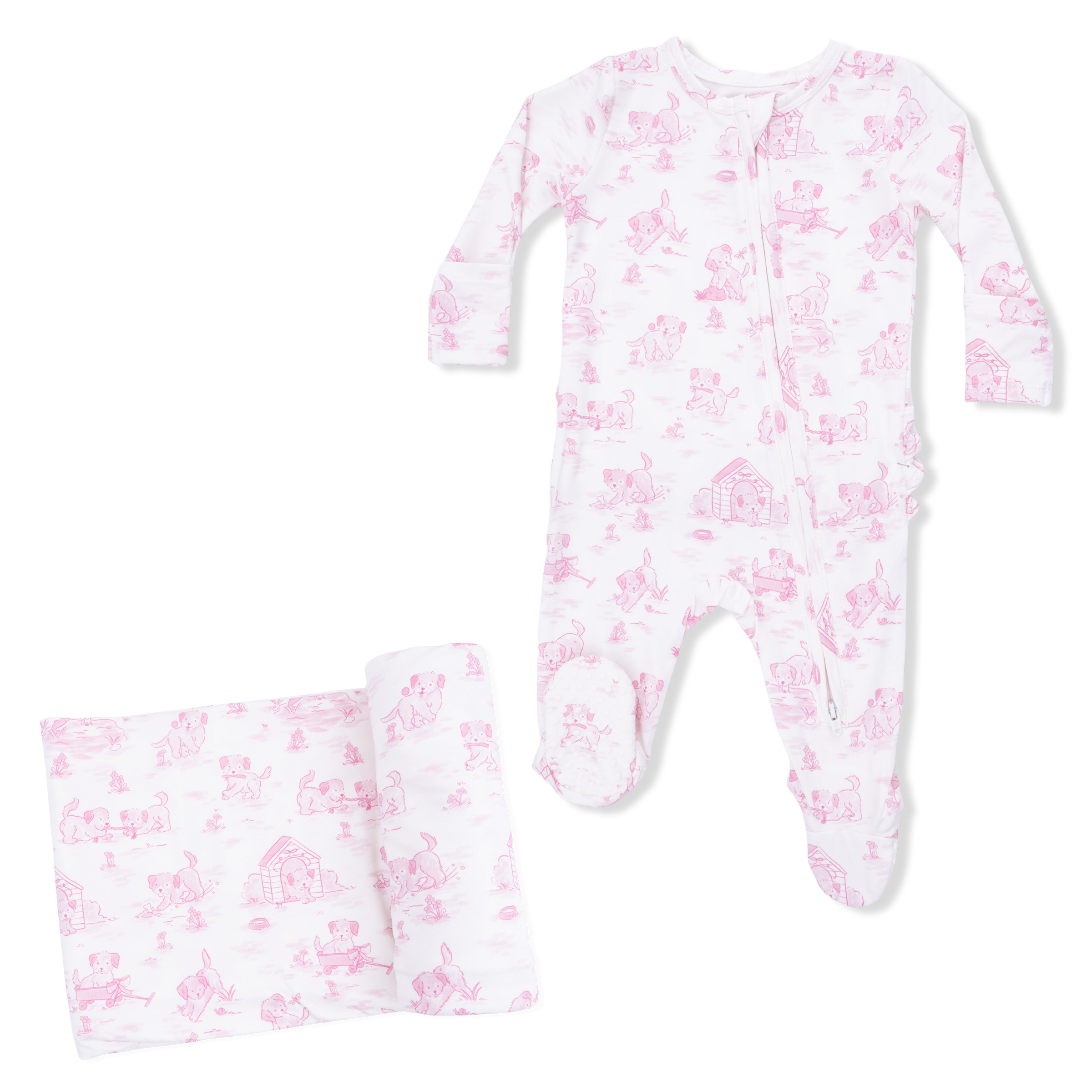 Puppy Toile Pink - 2 Way Ruffle Back Zipper Footie & Swaddle Blanket Set