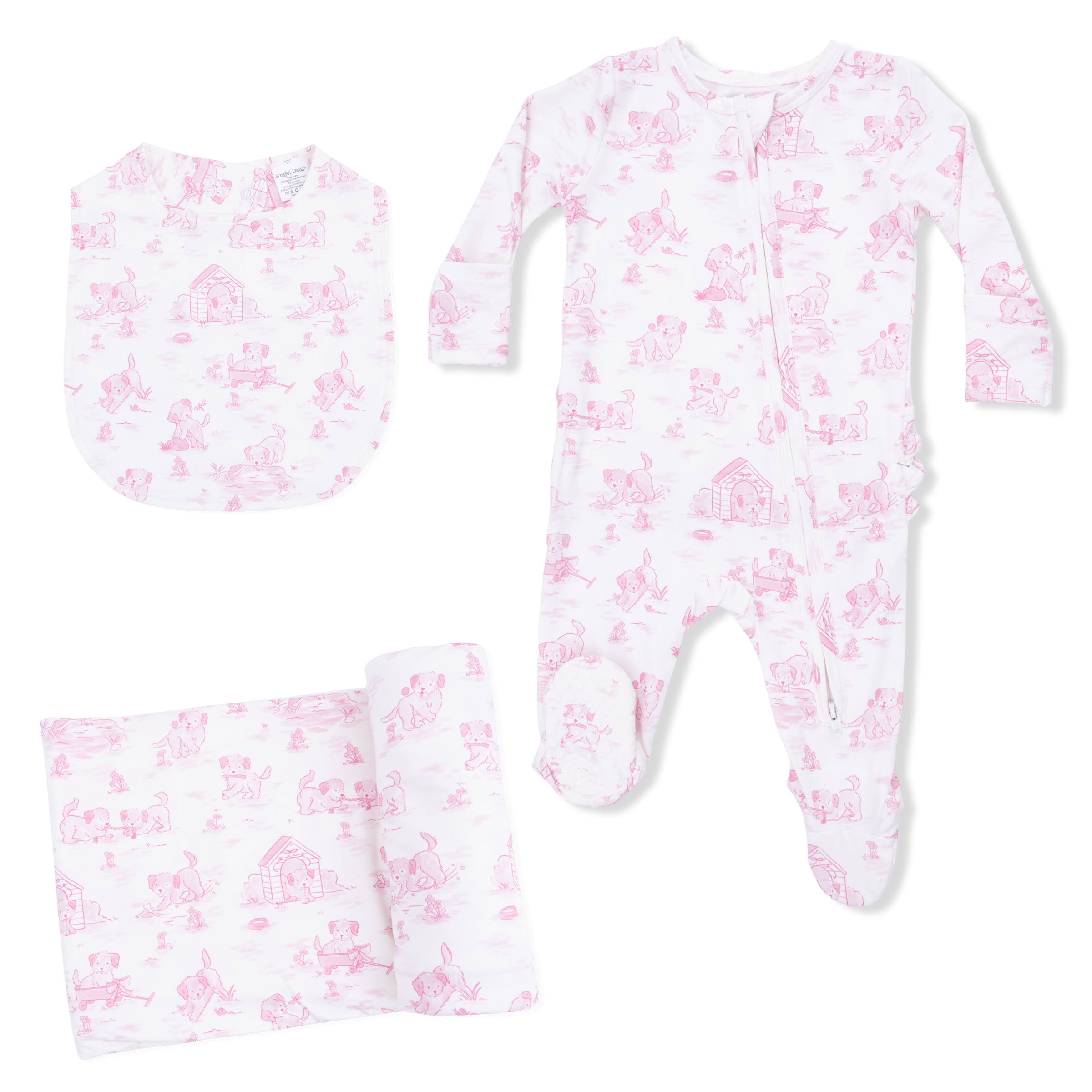 Puppy Toile Pink - 2 Way Ruffle Back Zipper Footie with Bandana Bib, and Swaddle Blanket Set