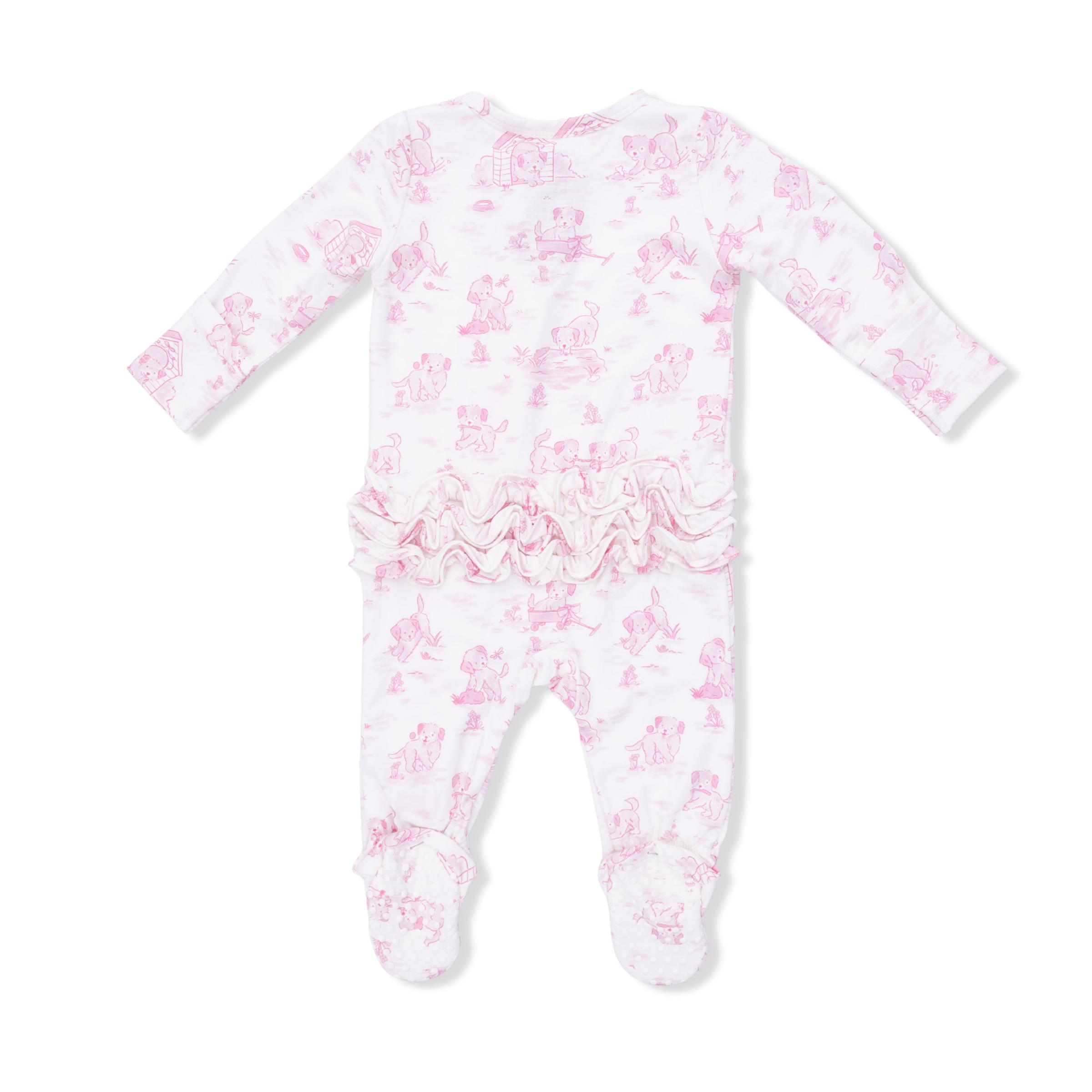Puppy Toile Pink - 2 Way Ruffle Back Zipper Footie & Swaddle Blanket Set