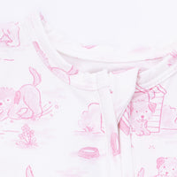 Puppy Toile Pink - 2 Way Ruffle Back Zipper Footie with Bandana Bib, and Swaddle Blanket Set
