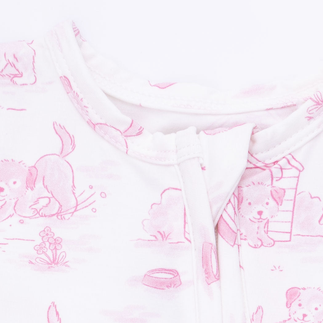 Puppy Toile Pink - 2 Way Ruffle Back Zipper Footie with Bandana Bib, and Swaddle Blanket Set