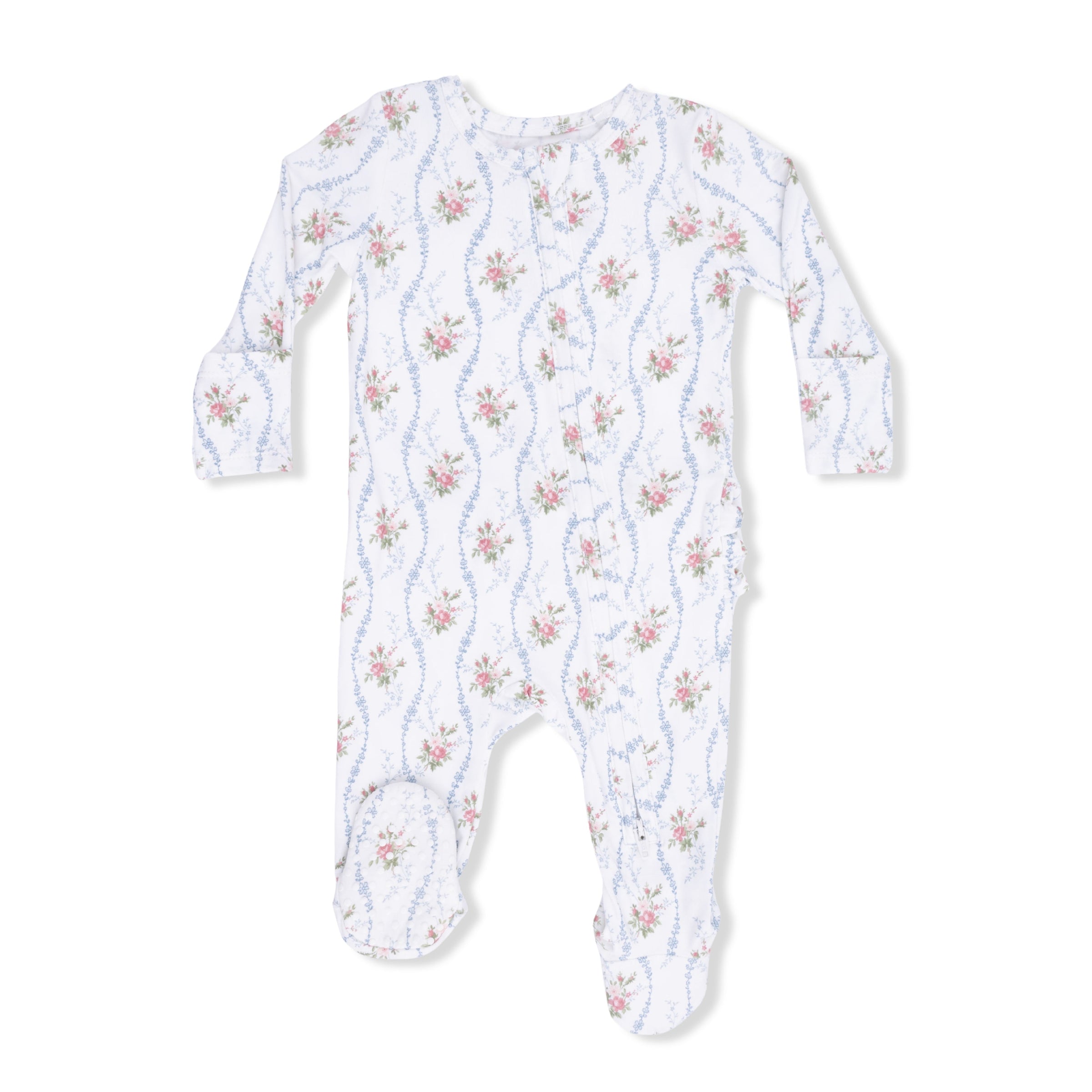 Heirloom Rose Stripe - 2 Way Ruffle Back Zipper Footie