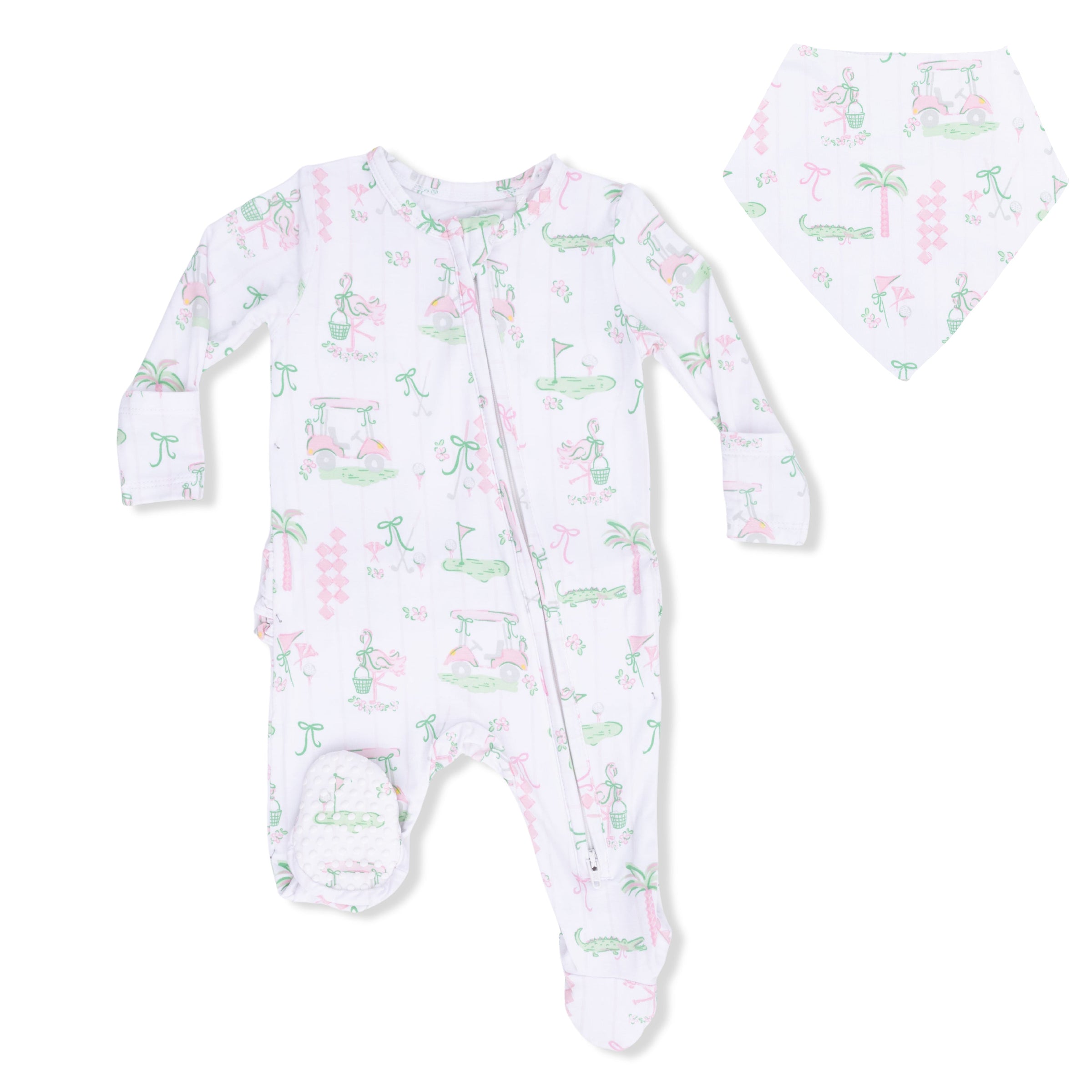 Pretty Golf - 2 Way Ruffle Back Zipper Footie & Bandana Bib Set