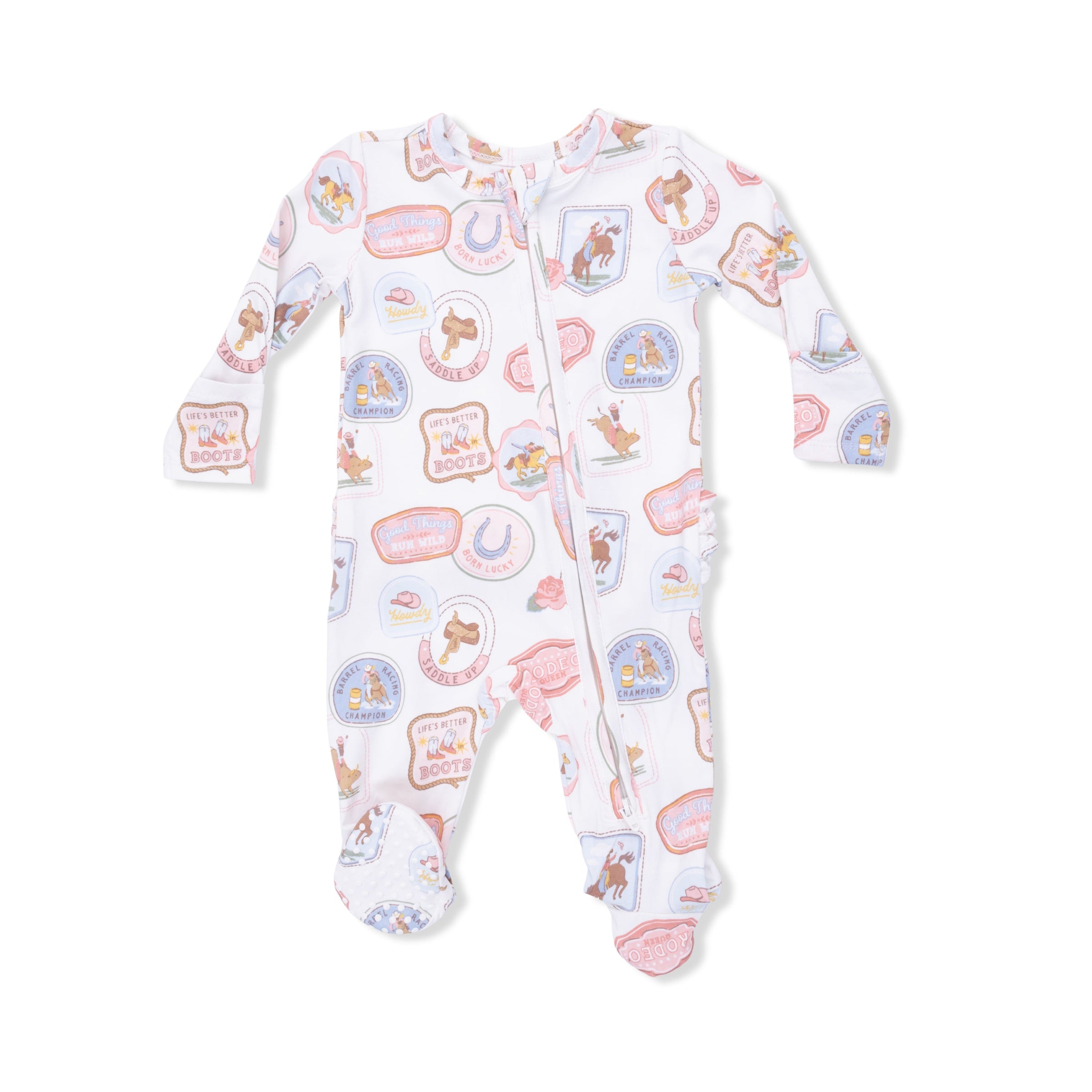 Rodeo Patches Pink - 2 Way Ruffle Back Zipper Footie