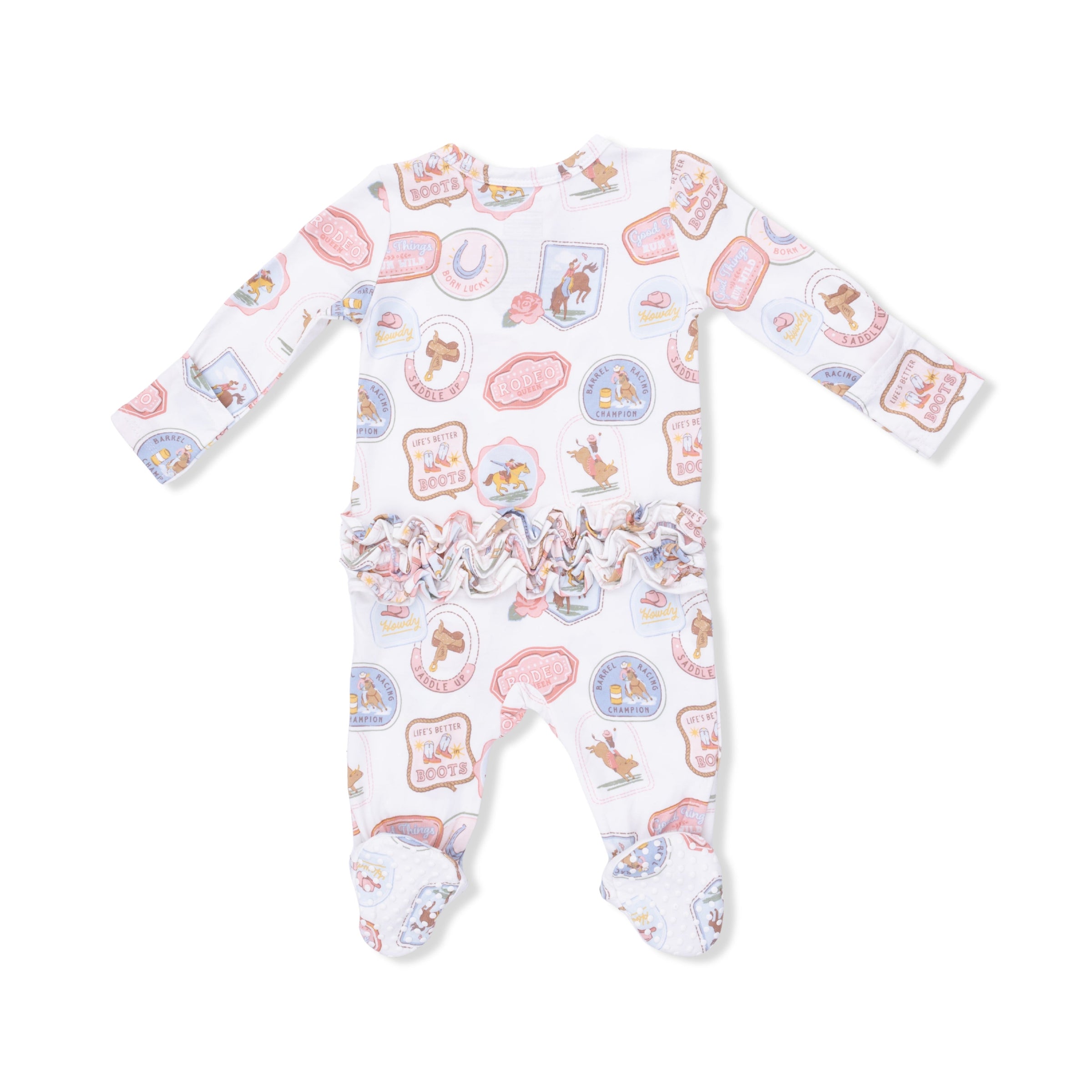 Rodeo Patches Pink - 2 Way Ruffle Back Zipper Footie