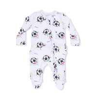 Soccer Balls Playing Soccer Pink - 2 Way Ruffle Back Zipper Footie