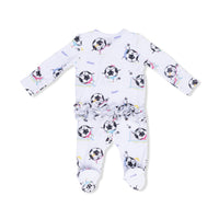 Soccer Balls Playing Soccer Pink - 2 Way Ruffle Back Zipper Footie