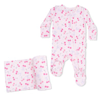 Sweet Bow Cherries - 2 Way Ruffle Back Zipper Footie & Swaddle Blanket Set