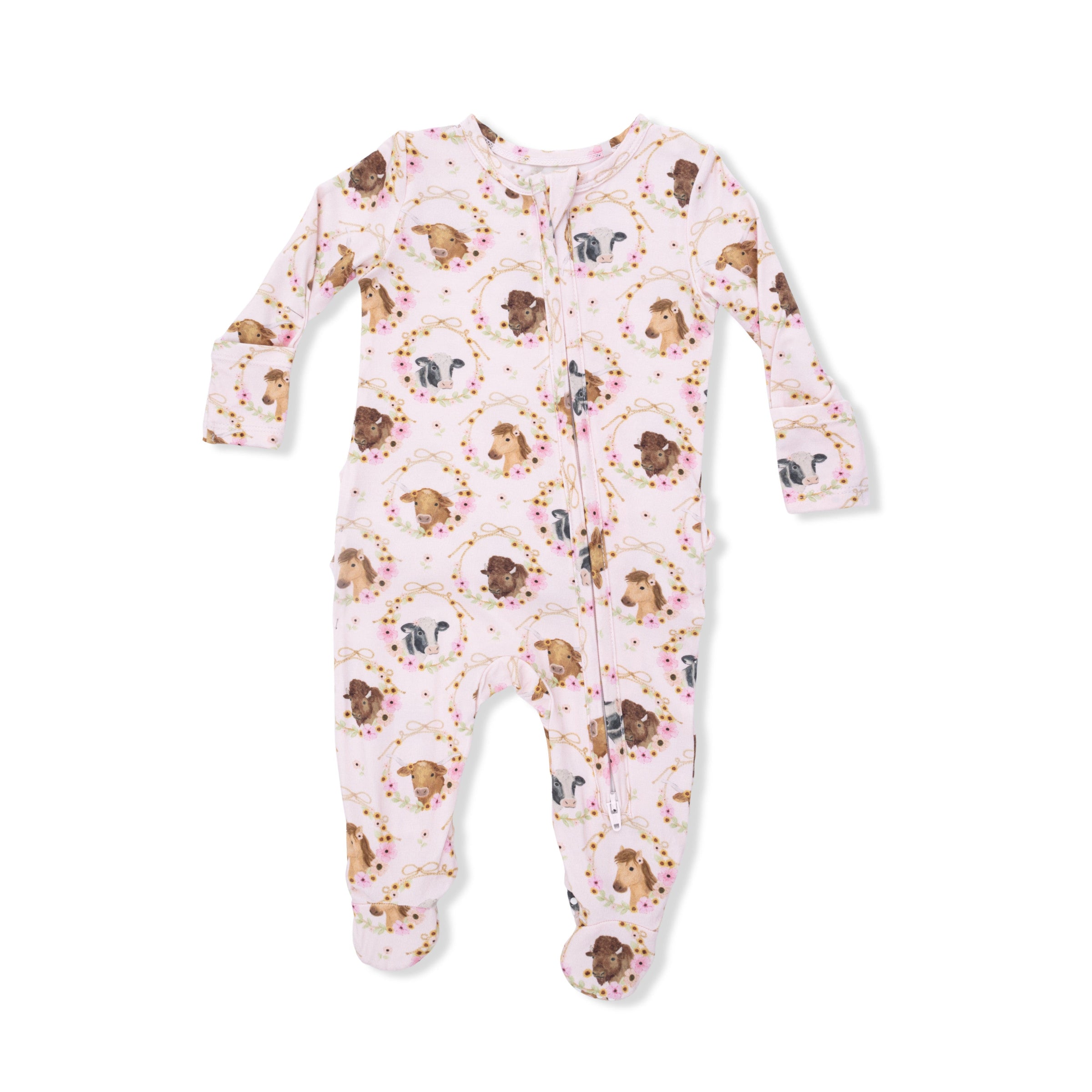 Farm Animals Floral Cameos Pink - 2 Way Ruffle Back Zipper Footie
