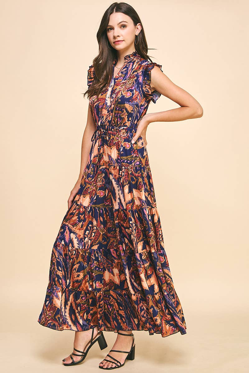 Navy Satin Print Maxi Dress