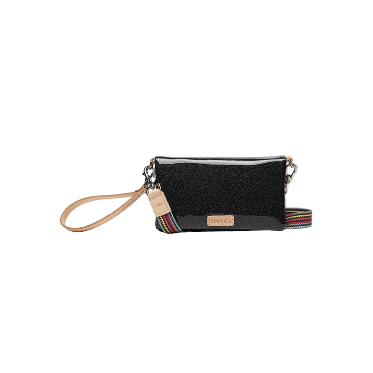 Black crossbody bag with a colorful strap on a white background