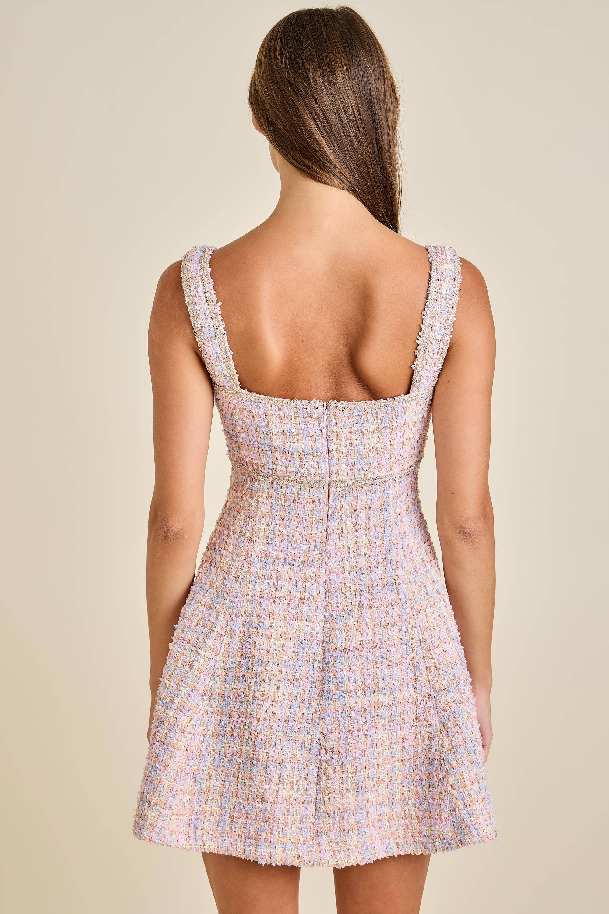 Sloane - Pastel Sequin Braid Detailed Round Neck Tweed Jacket & Mini Dress Set