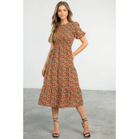Agnes-Smocked Floral Print Midi Dress