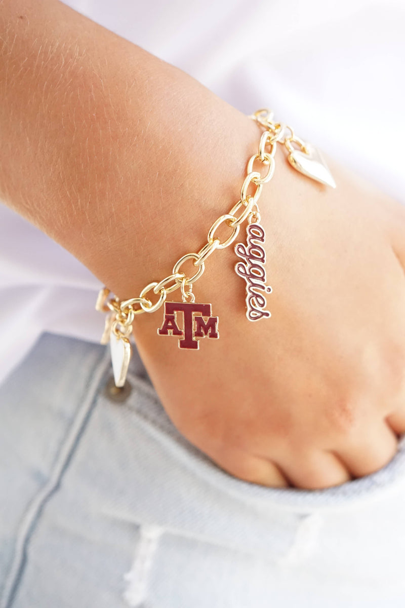 Texas A&M Aggies Enamel Icons Charm Bracelet in Shiny Gold