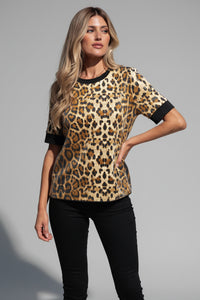 Jackie - Brown Sequin Leopard Print Round Neck Short Sleeve Top
