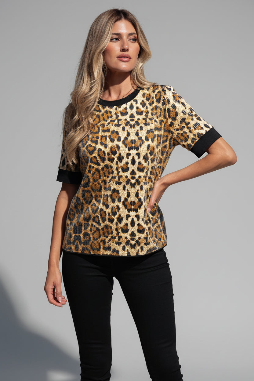 Jackie - Brown Sequin Leopard Print Round Neck Short Sleeve Top