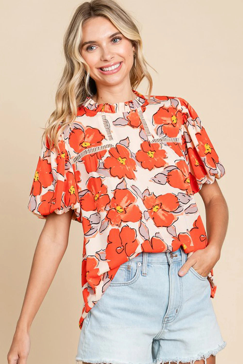 Juliete - Orange Floral Frill Neck Blouse