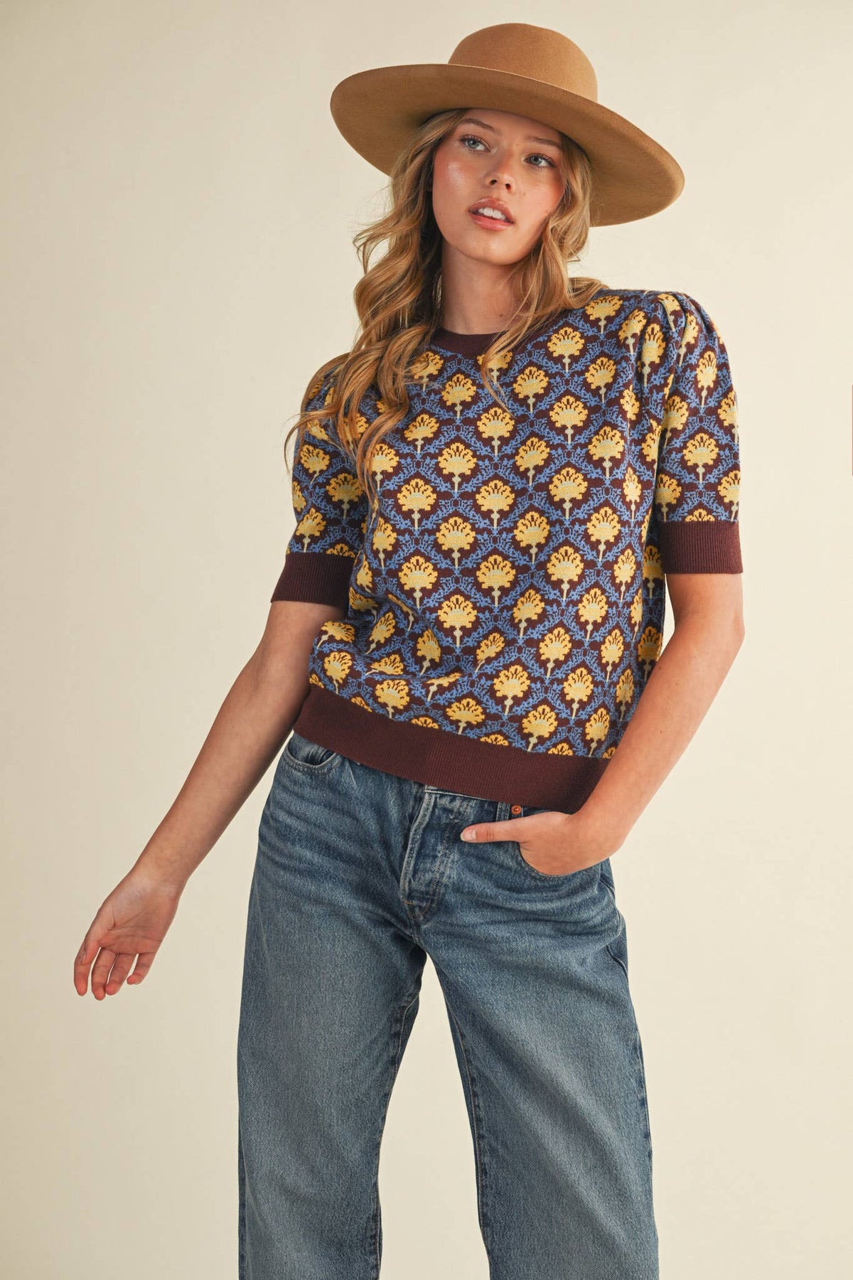 MAEBERRY - FLORAL PATTERN SHORT SLEEVE SWEATER