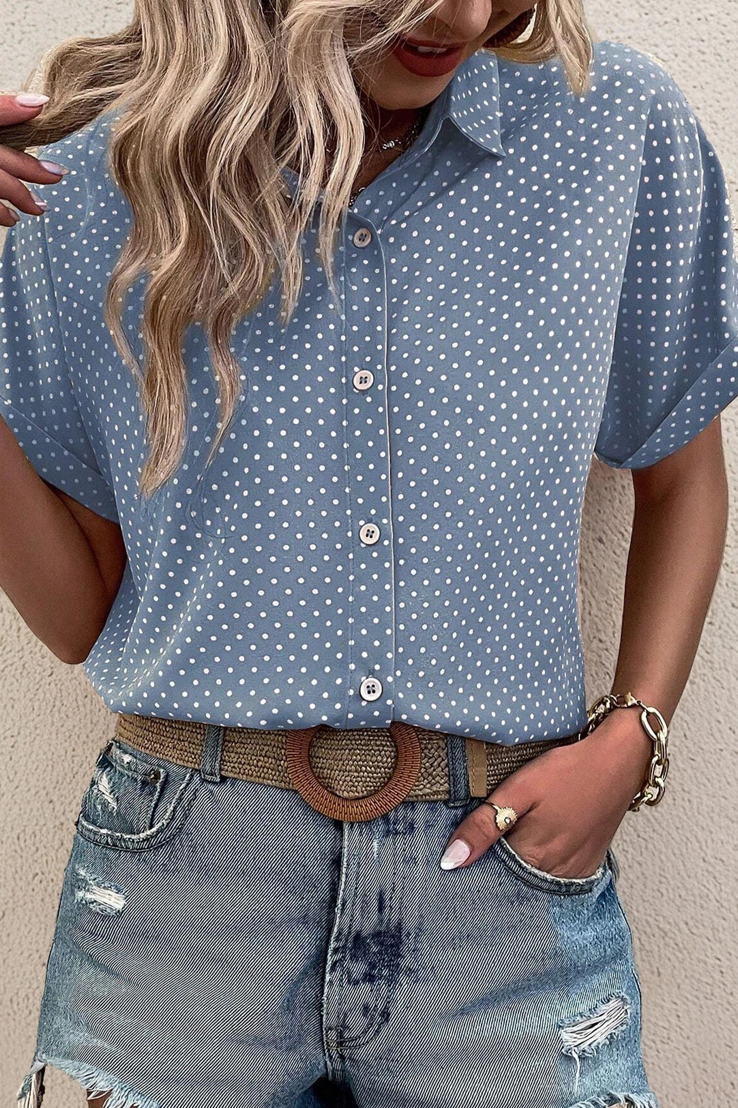Emy - Dotted Print Cuffed Short Sleeve Shirt