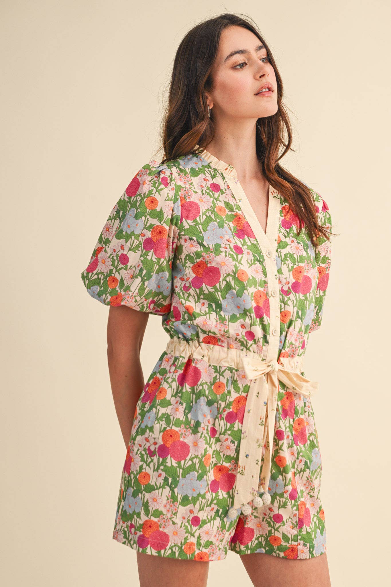 Brianna - Bubble Sleeve Floral Print Romper