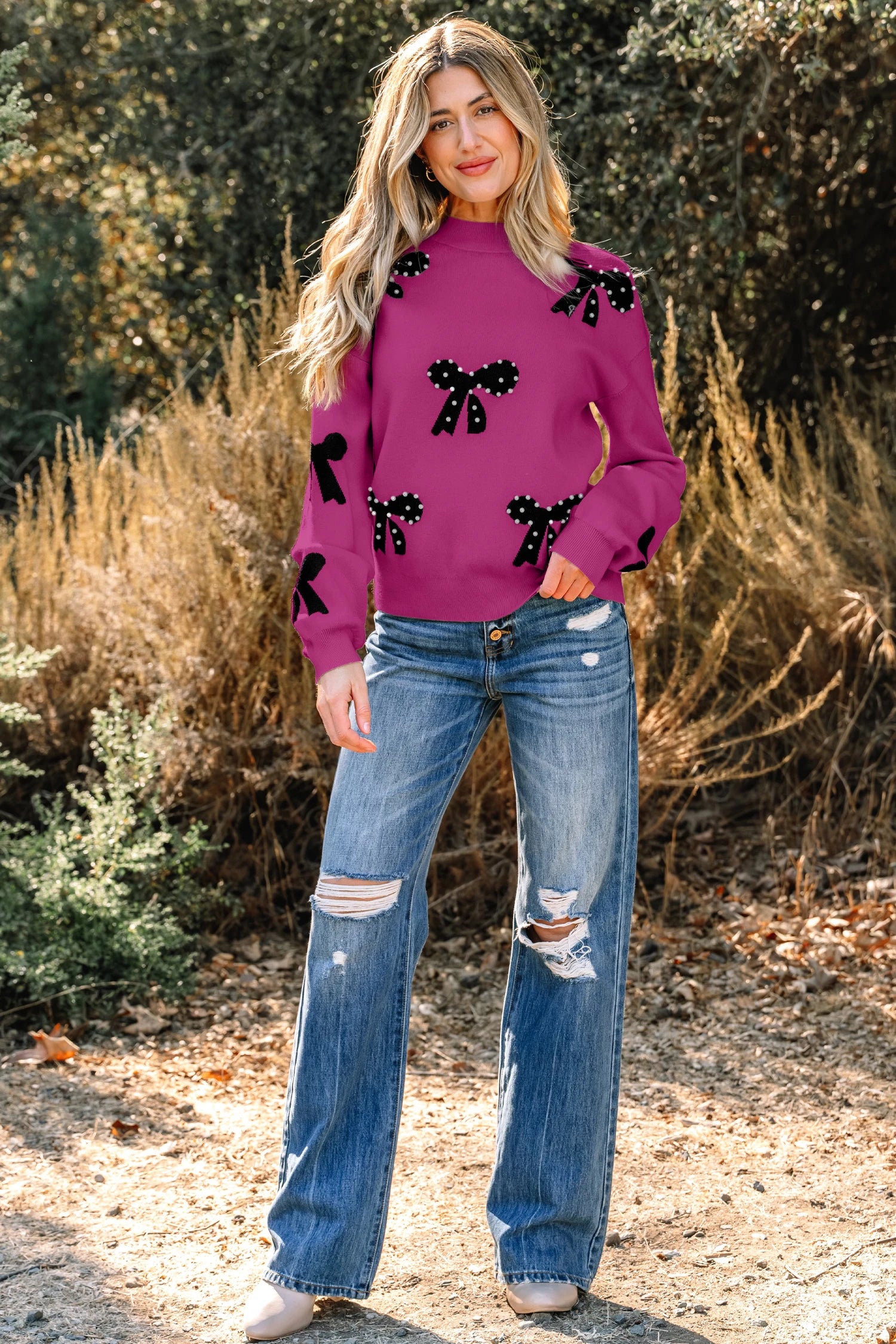 Leana- Bright Pink Pearl Embellished Bow Pattern Loose Sweater